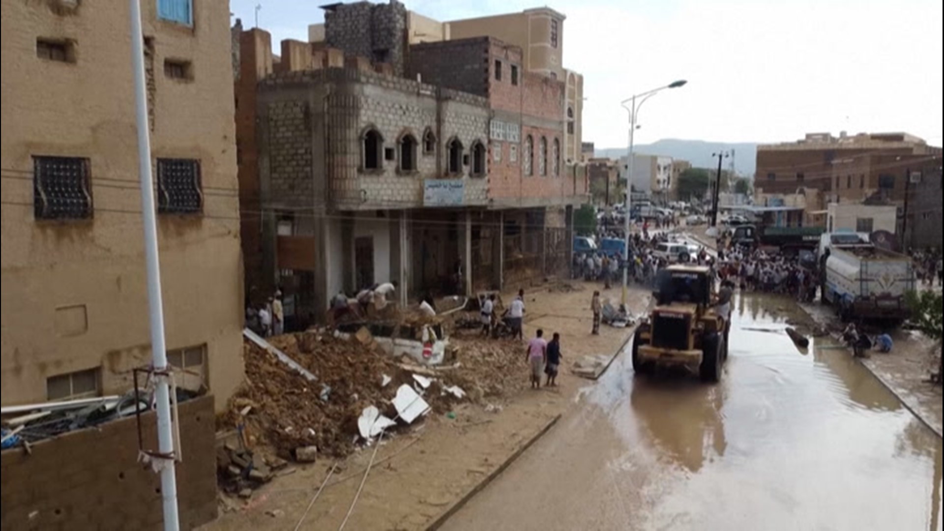 At least four people were killed and buildings were heavily damaged after flash floods swept through Tarim, Yemen, on May 3.
