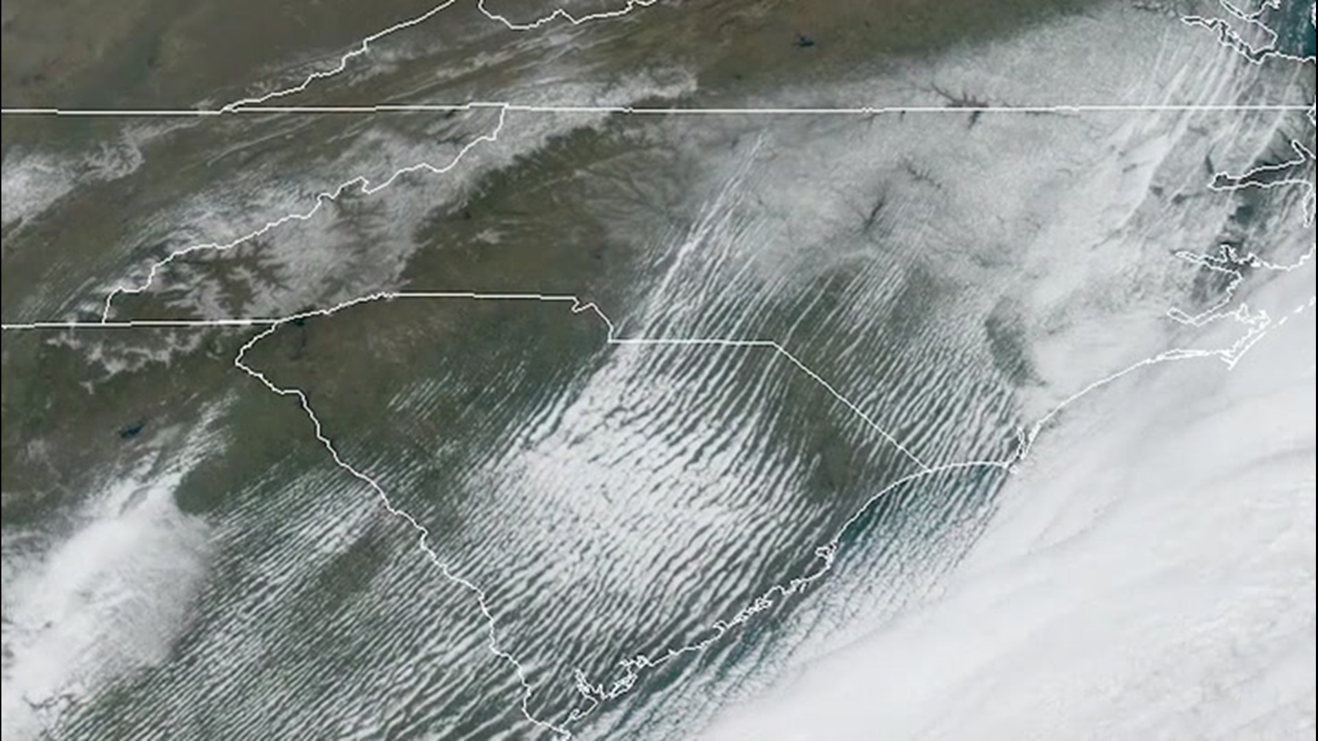 This visible satellite loop shows snowcover (white, still areas) and clouds (white, moving areas) over North Carolina on Friday, Feb. 21.