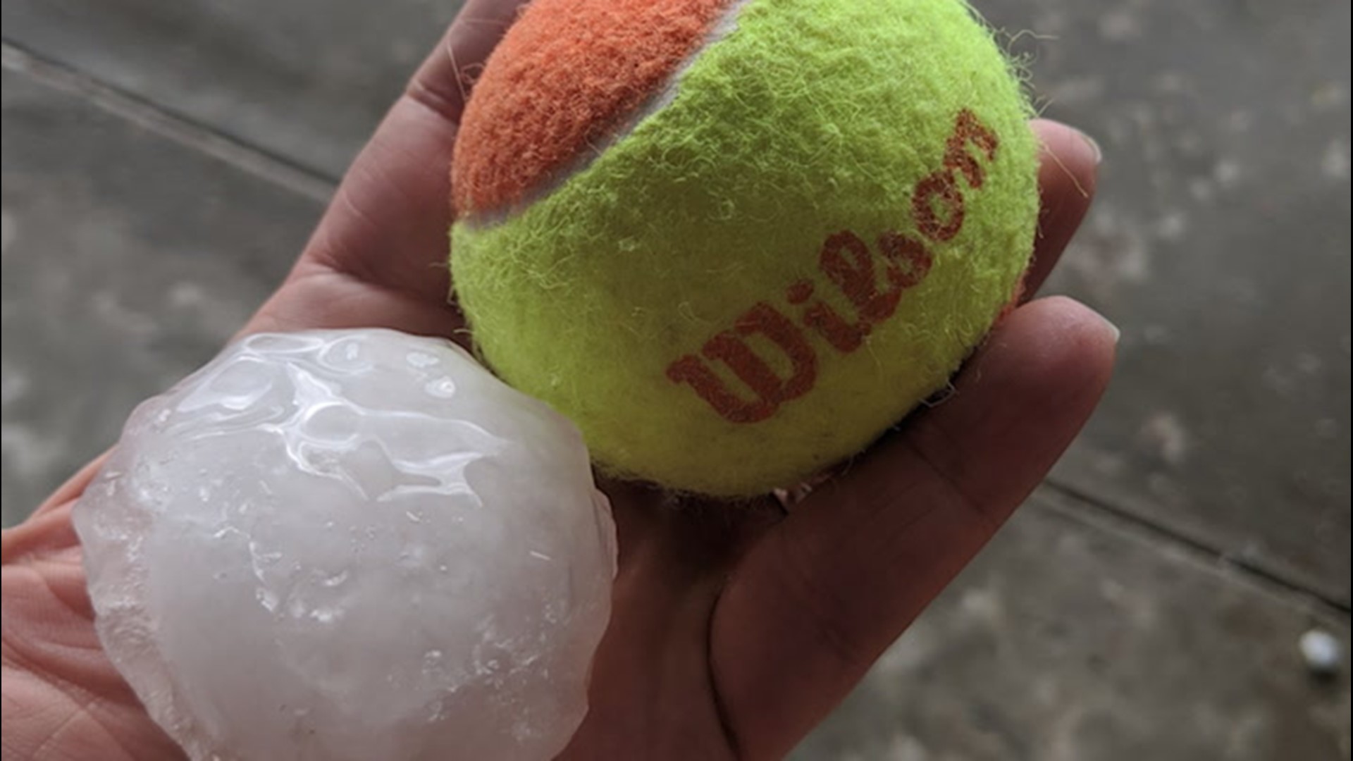 Severe weather brought hail the size of tennis balls to the town of Yukon, Oklahoma, on April 28.