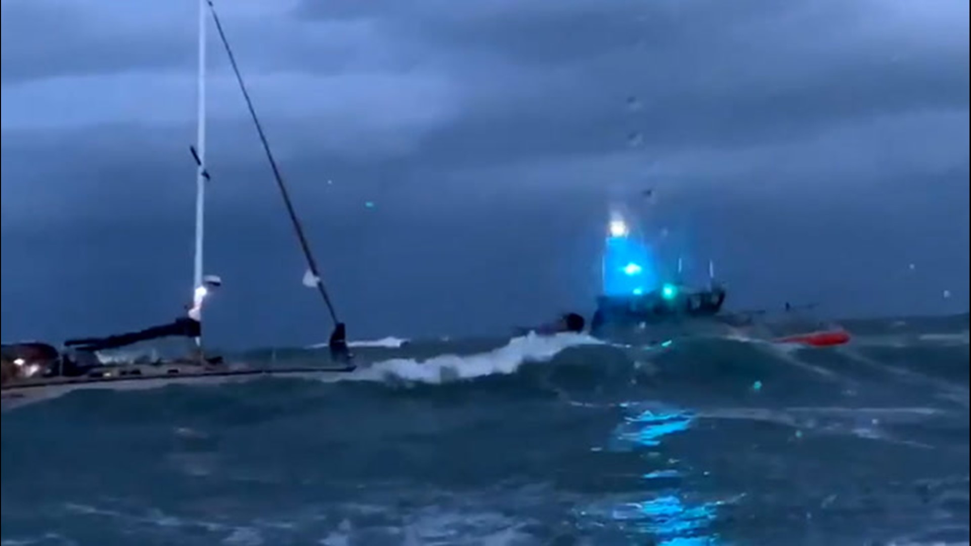 A sailing vessel struggled through rough waves off the coast of St. Petersburg, Florida, on Jan. 16. It needed the assistance of the Coast Guard.