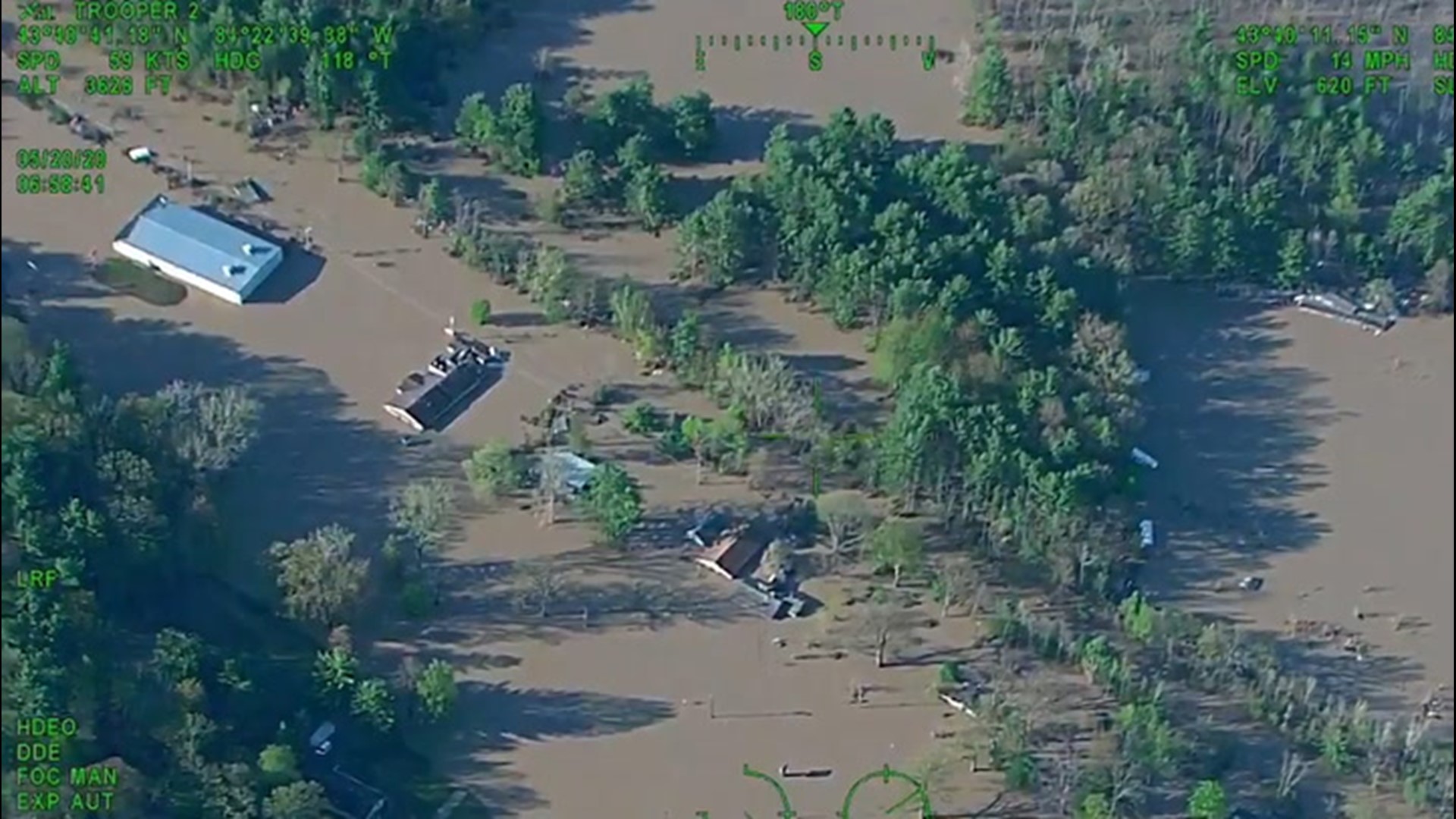 This aerial video shows how far the flooding in Midland County, Michigan, extends on May 20. You can see communities and many roads underwater.