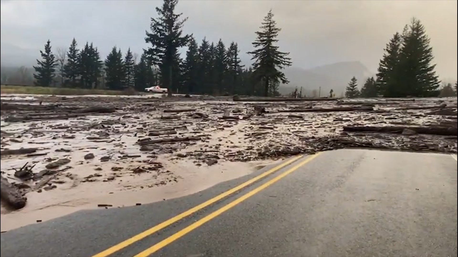A powerful landslide swept down the hillside in Multnomah County, Oregon, scattering debris over the roads on Jan. 13.