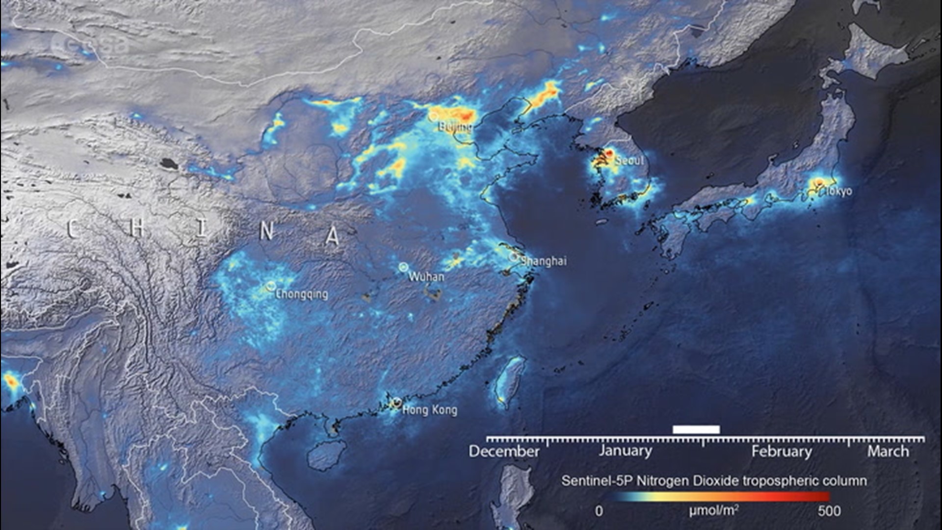 Using satellite data, this animation shows the reduction of nitrogen dioxide emissions across China from Dec. 20, 2019, to March 16, 2020. In this time, COVID-19 has forced citizens across the country indoors.