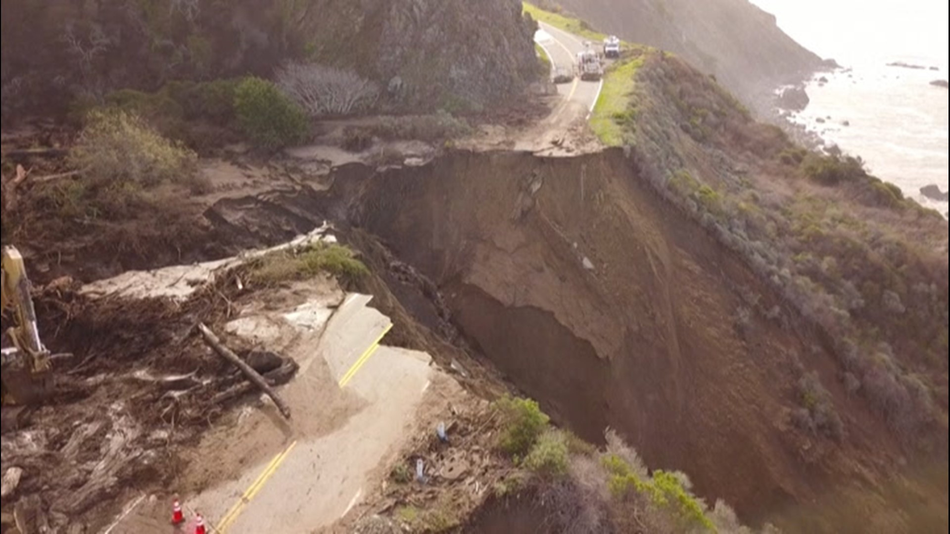 This aerial video shows a section of Highway 1 near Big Sur, California, that collapsed into the Pacific Ocean on Jan. 31 after heavy rainfall caused a debris flow of trees, rocks and mud.