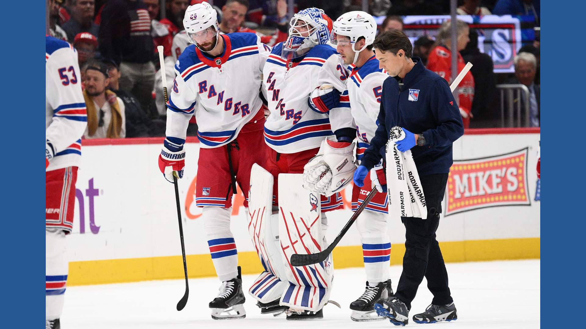 Helped Rangers goalie Igor Shesterkin helped off ice after awkward fall ...