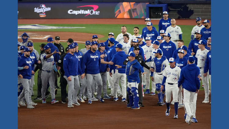 Benches clear at Game 7 of World Series after LA's Wrobleski hits Toronto's Giménez with fastball