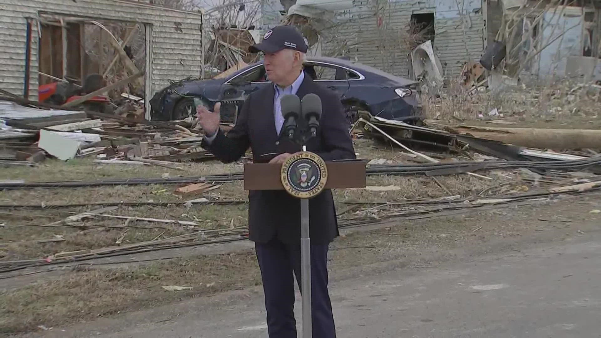 During his visit to Kentucky, Biden pledged that federal aid would continue to flow and described the tornado damage as some of the worst he had ever seen.