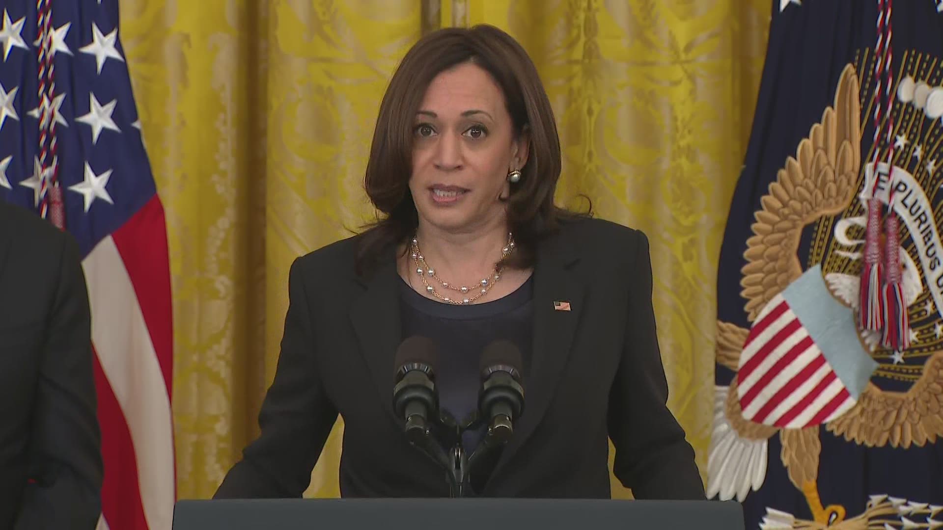 Vice President Kamala Harris spoke Thursday before President Joe Biden signed a bill to combat anti-Asian hate crimes.