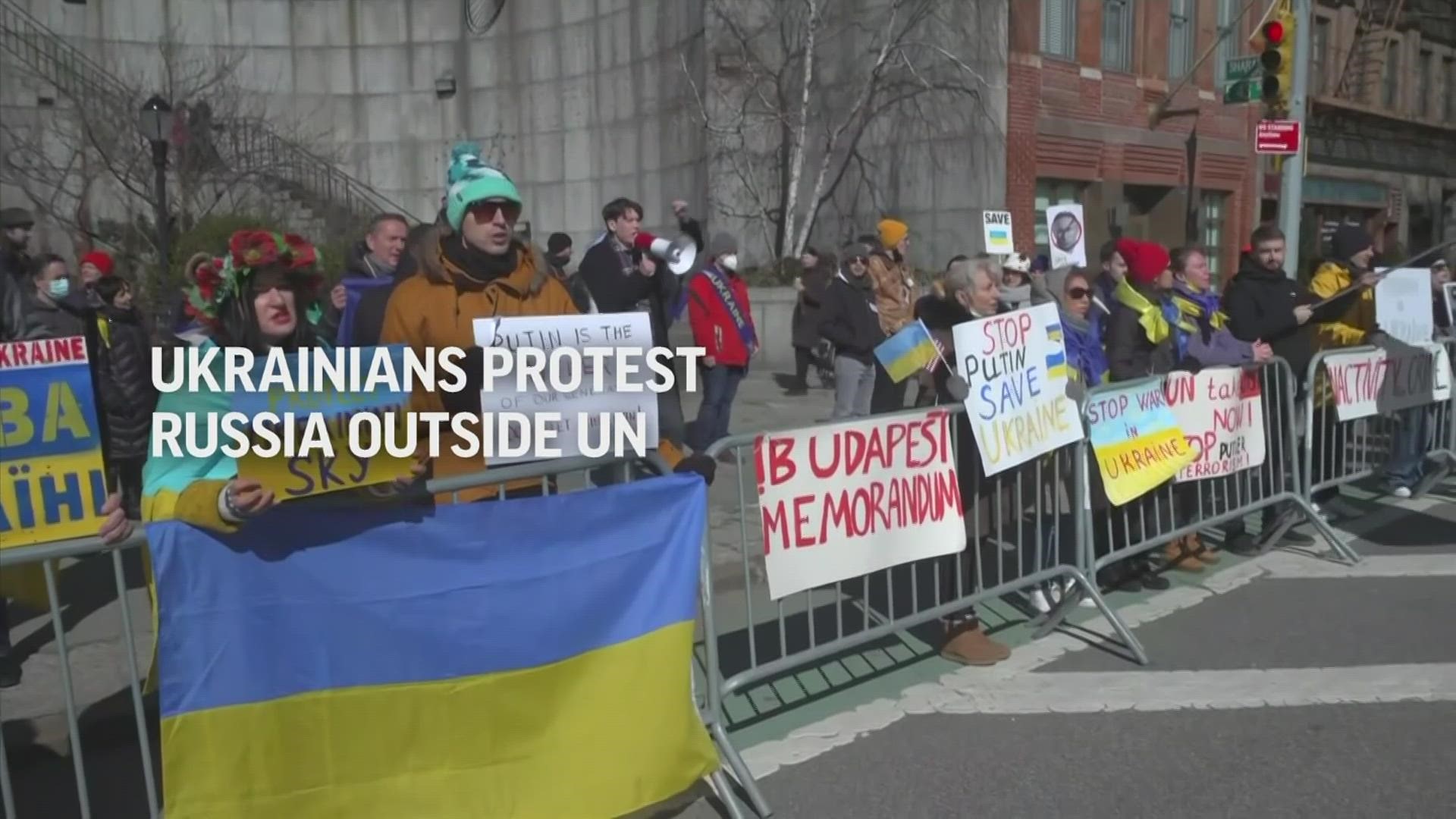 Protestors outside the UN headquarters in New York demand that the organization take action against Russia, with some calling for the country's expulsion.