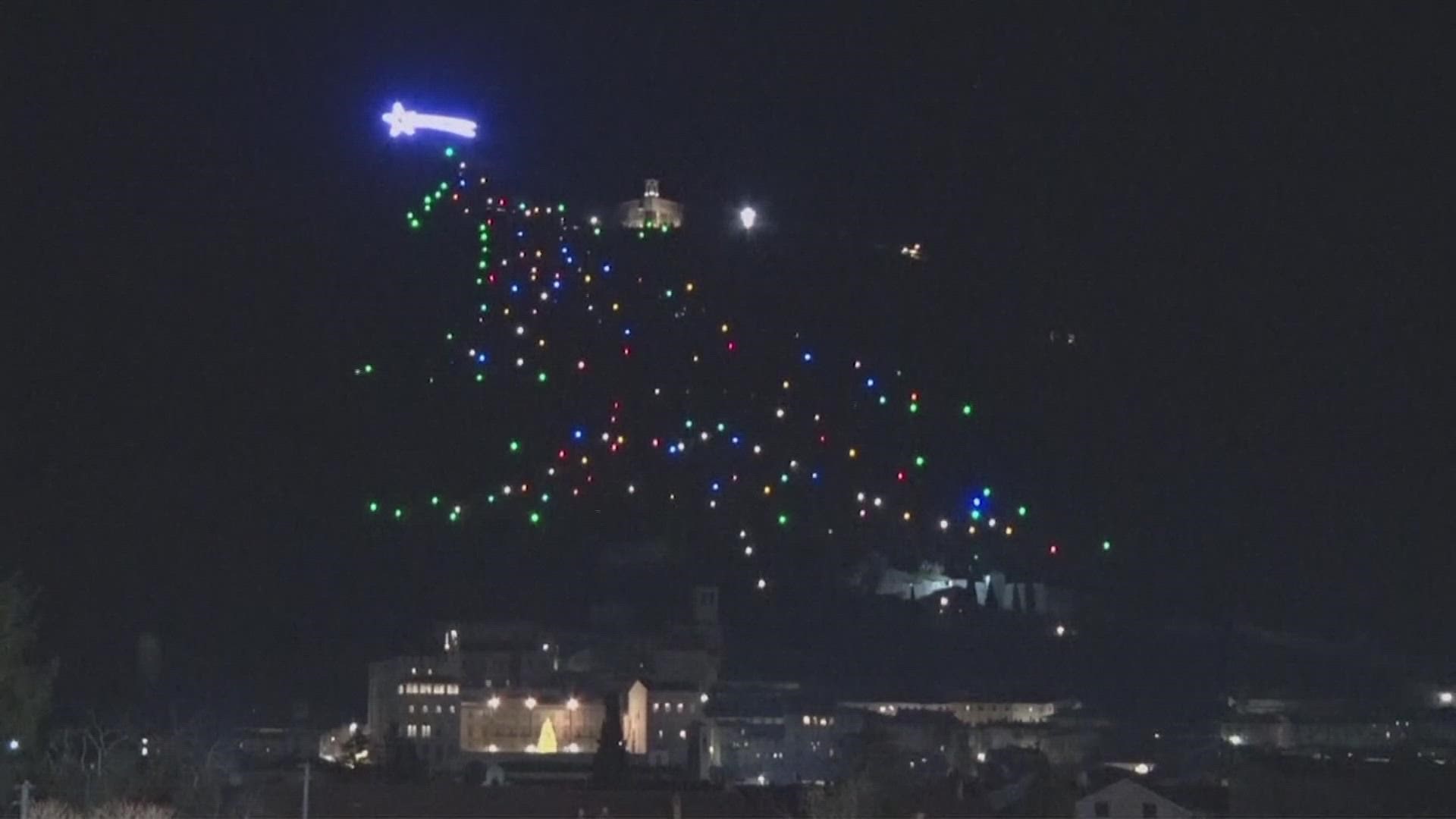 The tree-shaped lights, spread out on the Ingino Hill in Gubbio, are nearly a half-mile tall with more than 5 miles of lights.