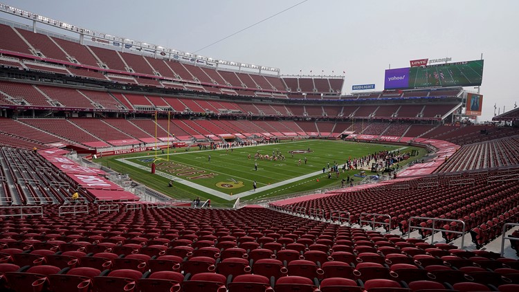FILE - In this Sept. 13, 2020, file photo, empty seats are shown at Levi's Stadium during the first half of an NFL football game between the San Francisco 49ers and the Arizona Cardinals in Santa Clara, Calif.(AP Photo/Jeff Chiu, File)