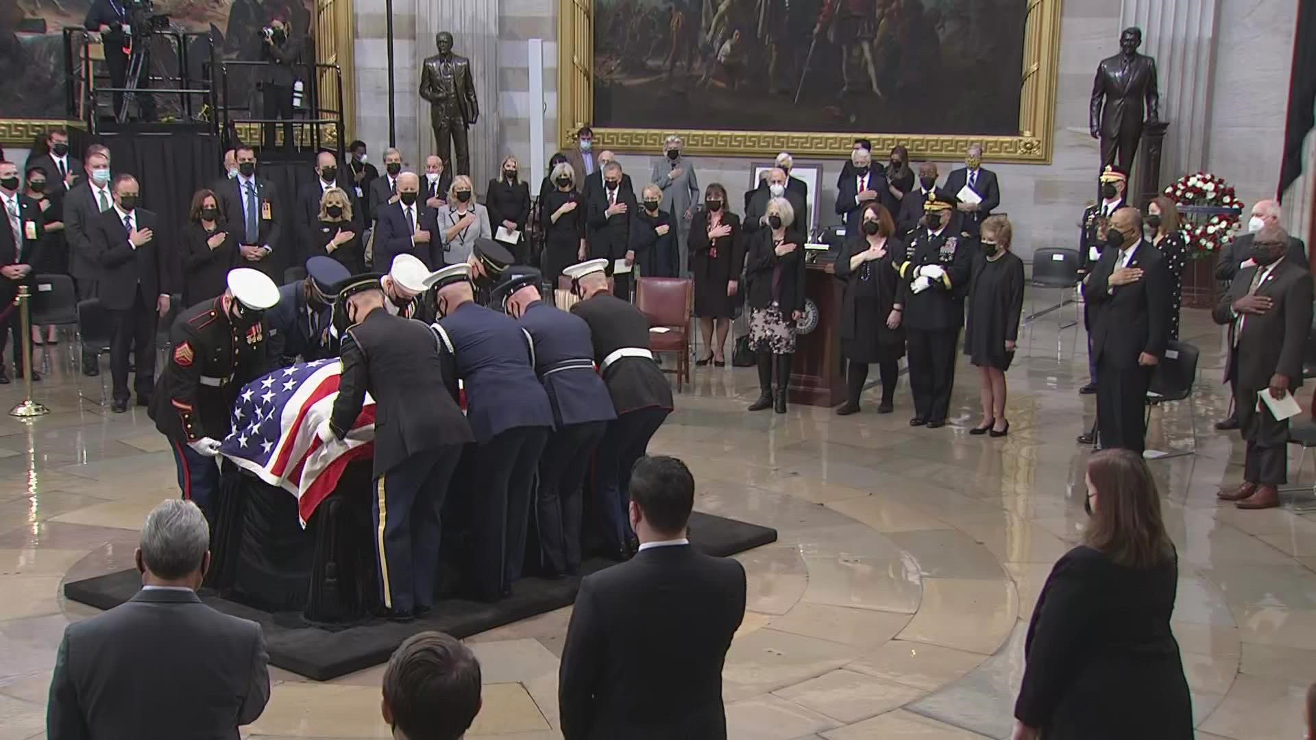 President Joe Biden, congressional leaders and invited guests gathered in the Capitol Rotunda Thursday to pay tribute to former presidential contender Bob Dole.