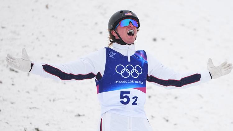 Team USA's Connor Curran reacts during the freestyle skiing mixed team aerials final at the 2026 Winter Olympics, in Livigno, Italy, Feb. 21, 2026.