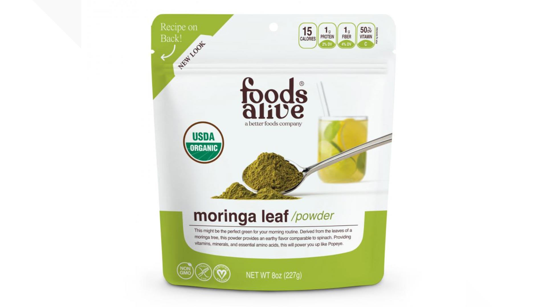 Organic moringa leaf powder recalled nationwide over potential Salmonella contamination Foods Alive recalled 8-ounce packages of organic moringa leaf powder sold nationwide after a supplier sample tested positive for Salmonella.