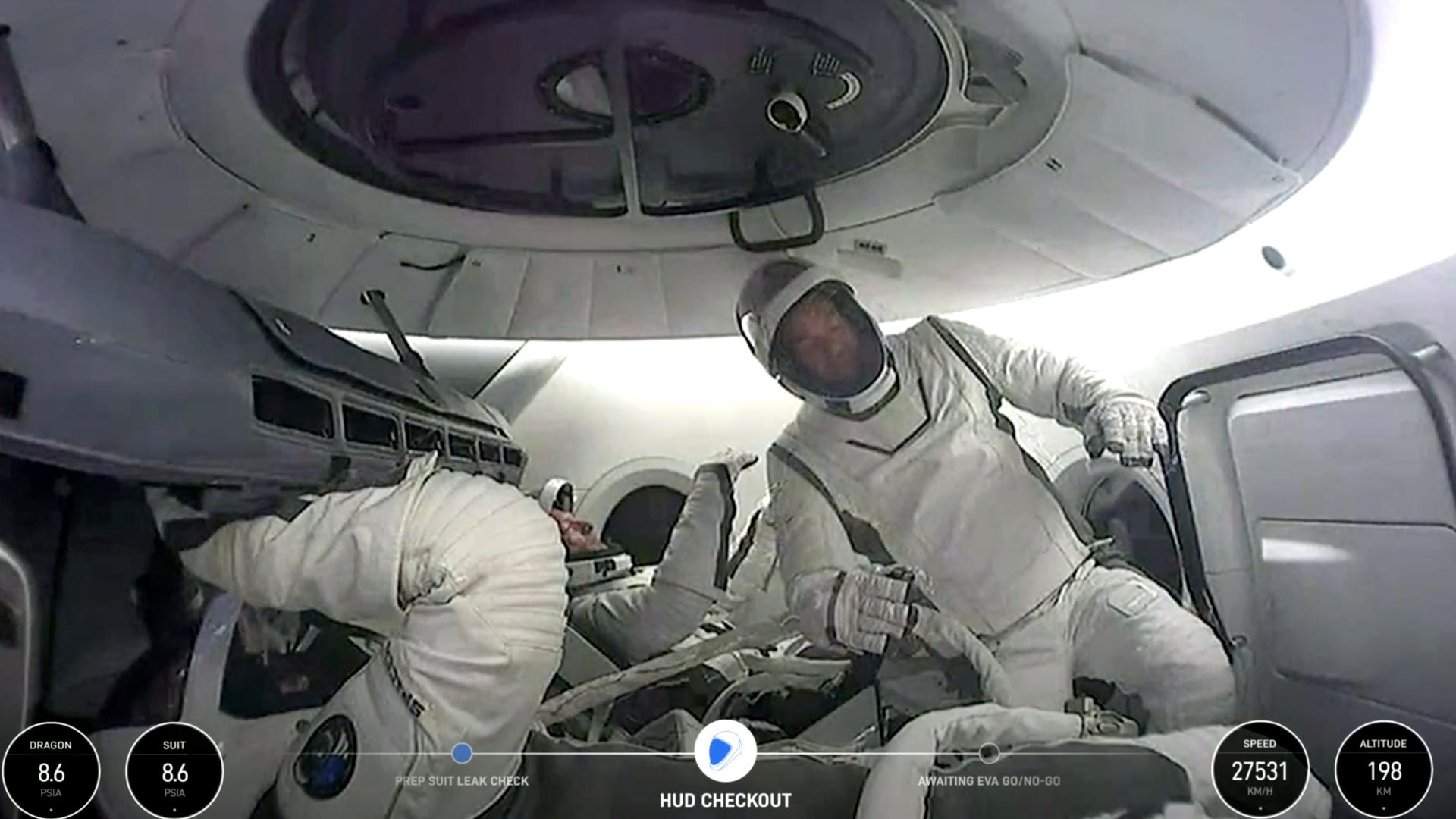 This first spacewalking test, lasting about two hours, involved more stretching than walking.