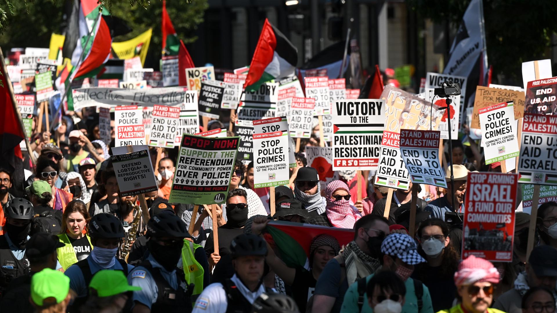 The atmosphere was a stark contrast to a day earlier when thousands of pro-Palestinian activists, including families, marched near the convention site.