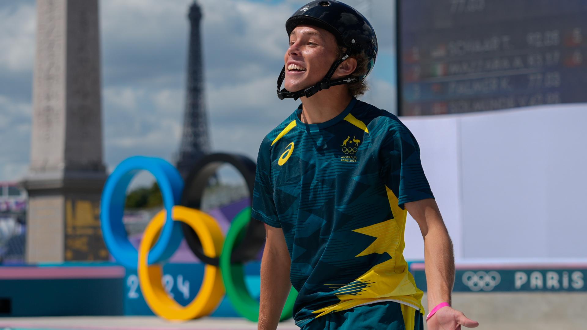 Australia's Keegan Palmer repeated as Olympic park skateboarding champion at Paris Games.