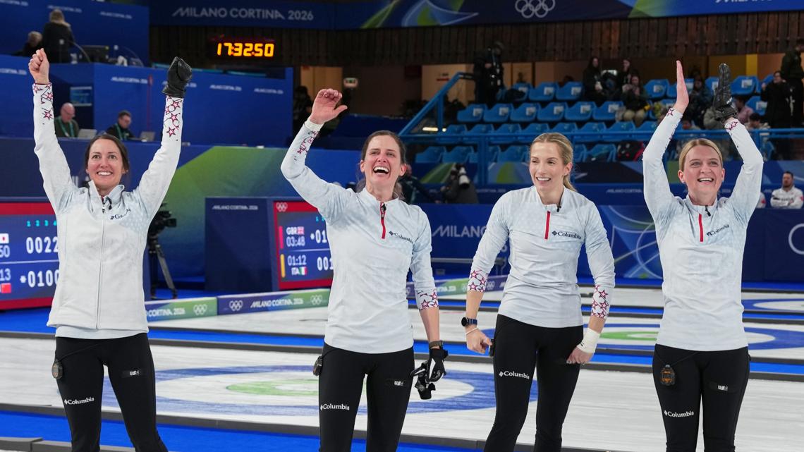 Cory Thiesse, Tara Peterson, Taylor Anderson-Heide, and Tabitha Peterson react after women's curling game against Switzerland, Feb. 19, 2026.