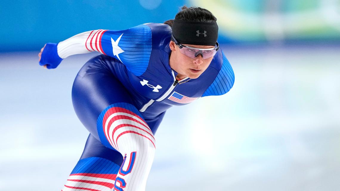 Brittany Bowe of the U.S. warms up prior to competing in the women's 1500 meters speedskating race at the 2026 Winter Olympics, Feb. 20, 2026.