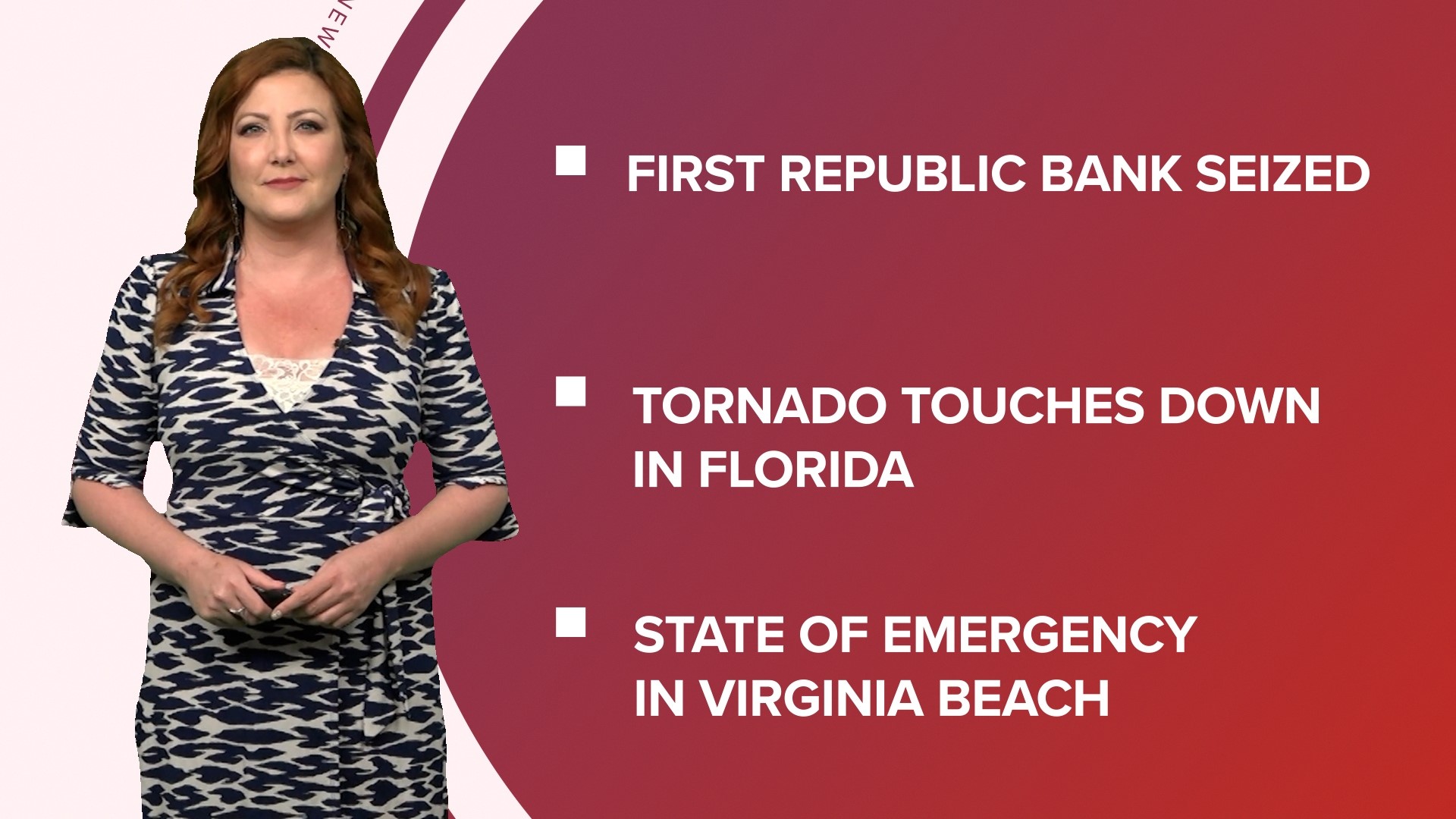 A look at what is happening in the news from tornadoes touching down in Florida and Virginia to First Republic Bank seized by federal agents.
