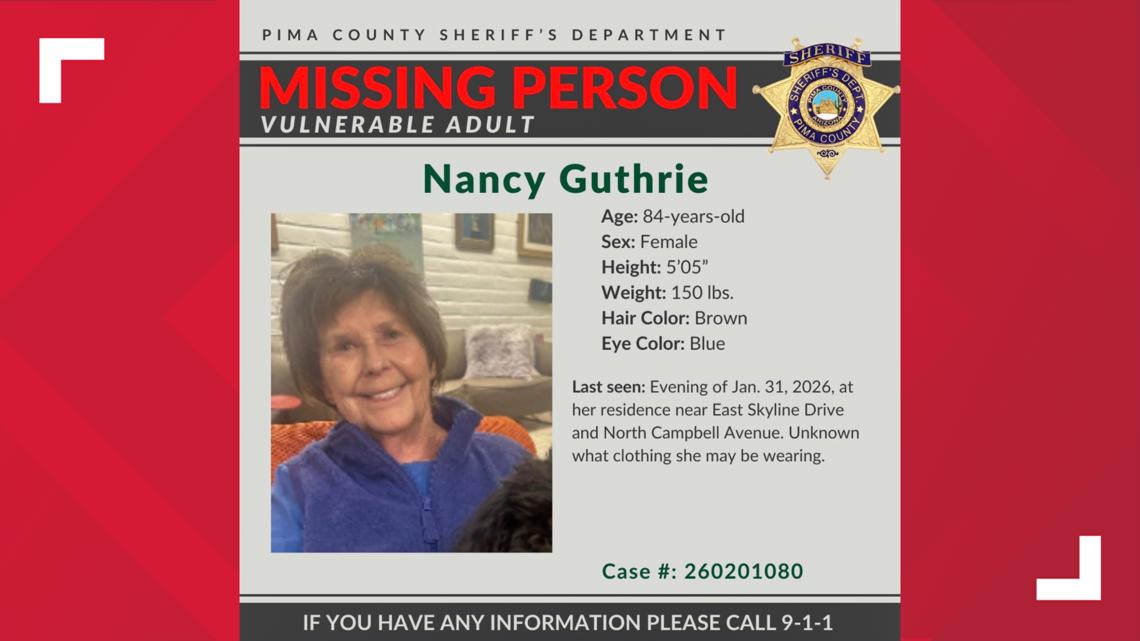 This image provided by the Pima County Sheriff’s Department, on Monday, Feb. 2, 2026, shows a missing person alert for Nancy Guthrie.