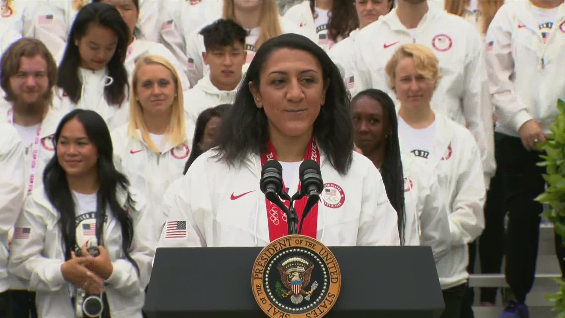 The U.S. Olympian congratulated her teammates for their resilience in the face of major world events.