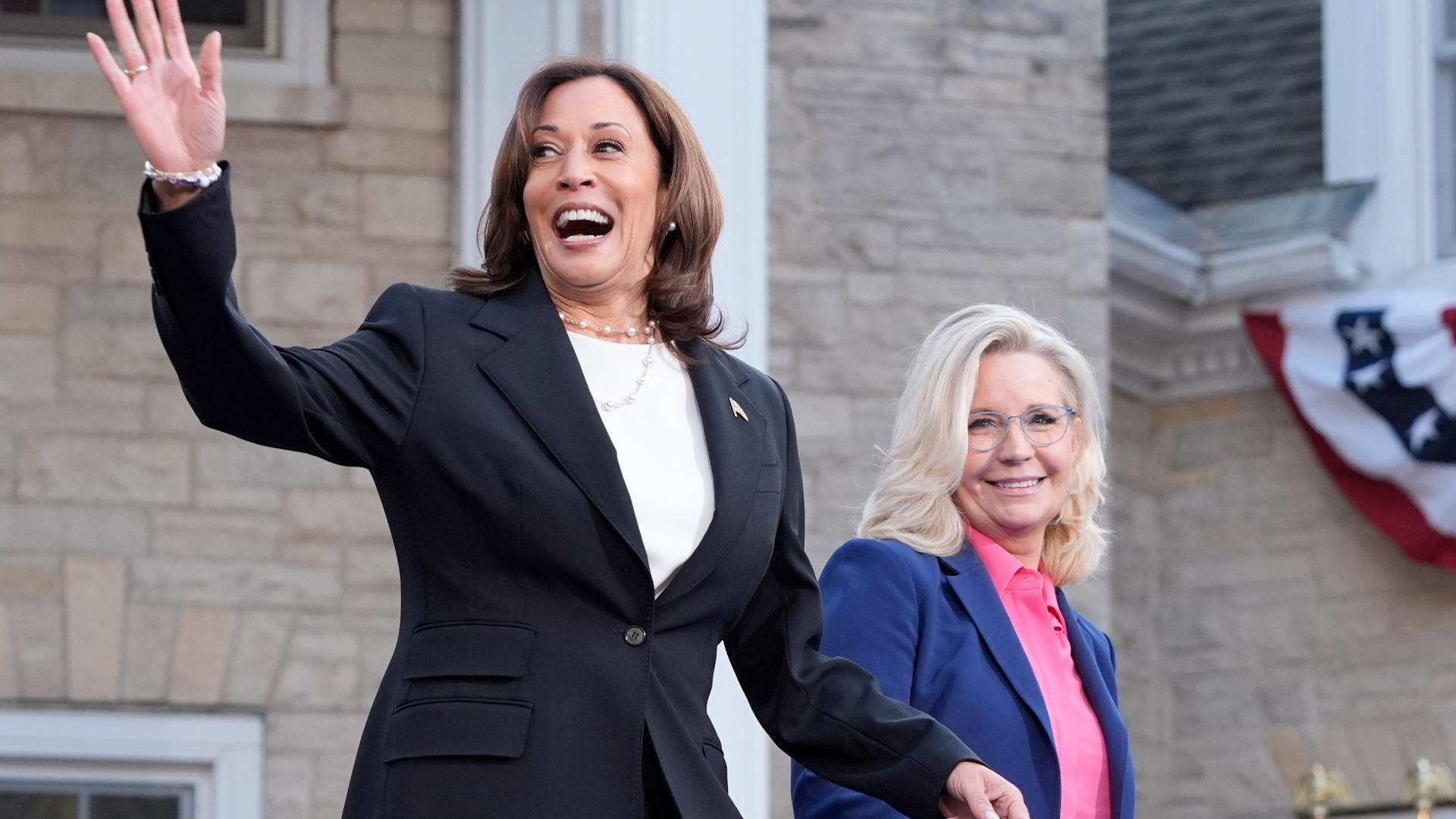 Vice President Kamala Harris took part in a moderated conversation with Liz Cheney in Chester, Pennsylvania.