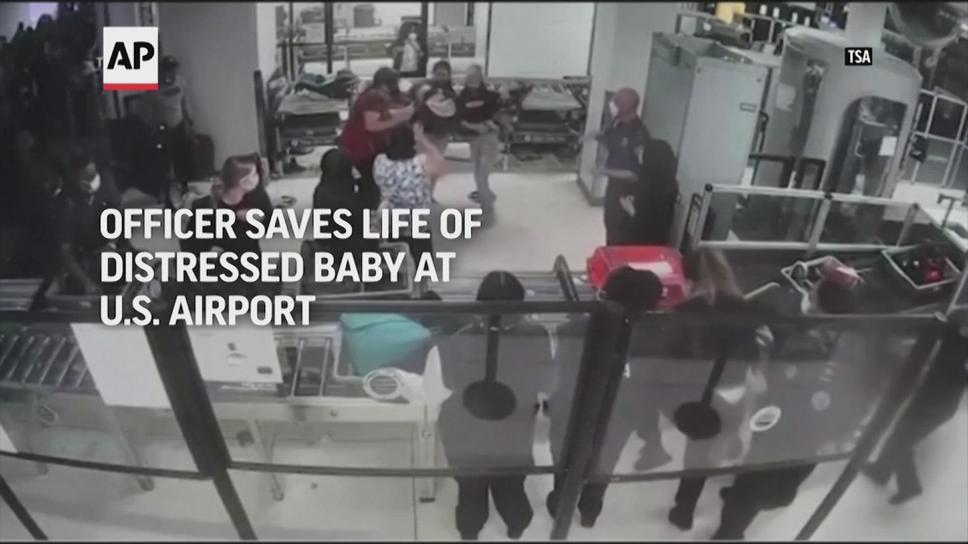 Surveillance video of an incident earlier in December showed TSA agent Cecilia Morales jumping over a conveyor belt to save a baby who stopped breathing.