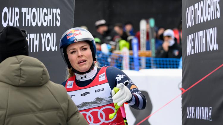 Lindsey Vonn at the finish area after crashing, during an alpine ski, women’s World Cup downhill, in Crans Montana, Switzerland, Jan. 30, 2026.