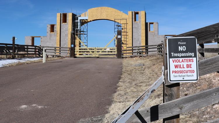 The entrance of the San Rafael Ranch, previously owned by Jeffrey Epstein and called the Zorro Ranch, near Stanley, N.M. (AP Photo/Savannah Peters)
