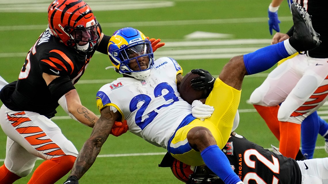 Inglewood, California, USA. 13th Feb, 2022. Los Angeles Rams defensive  tackle Aaron Donald (99) celebrates his game winning sack of Cincinnati  Bengals quarterback Joe Burrow (9) during Super Bowl 56 LVI NFL