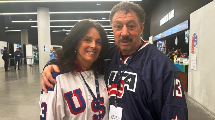 Jane and Guy Gaudreau, parents of the late Matthew and John Gaudreau, at the men's ice hockey semifinal game, 2026 Winter Olympics, Feb. 20, 2026.