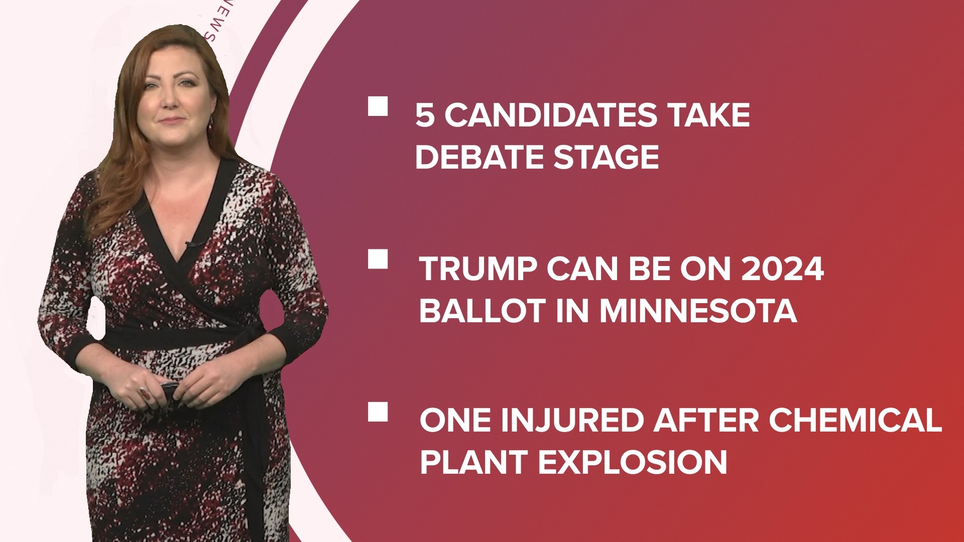 A look at what is happening in the news from 5 Republican candidates take the debate stage to a ruling on putting Trump on the 2024 primary ballot in Minnesota.