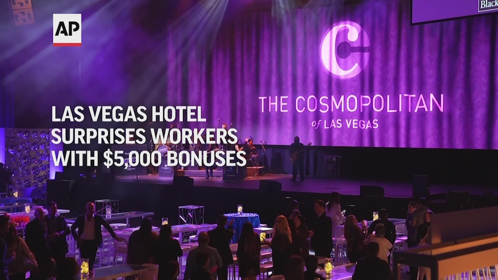 Joyous bedlam erupted Wednesday at The Cosmopolitan in Las Vegas when it was announced all 5,400 people who work there will receive a $5,000 bonus.