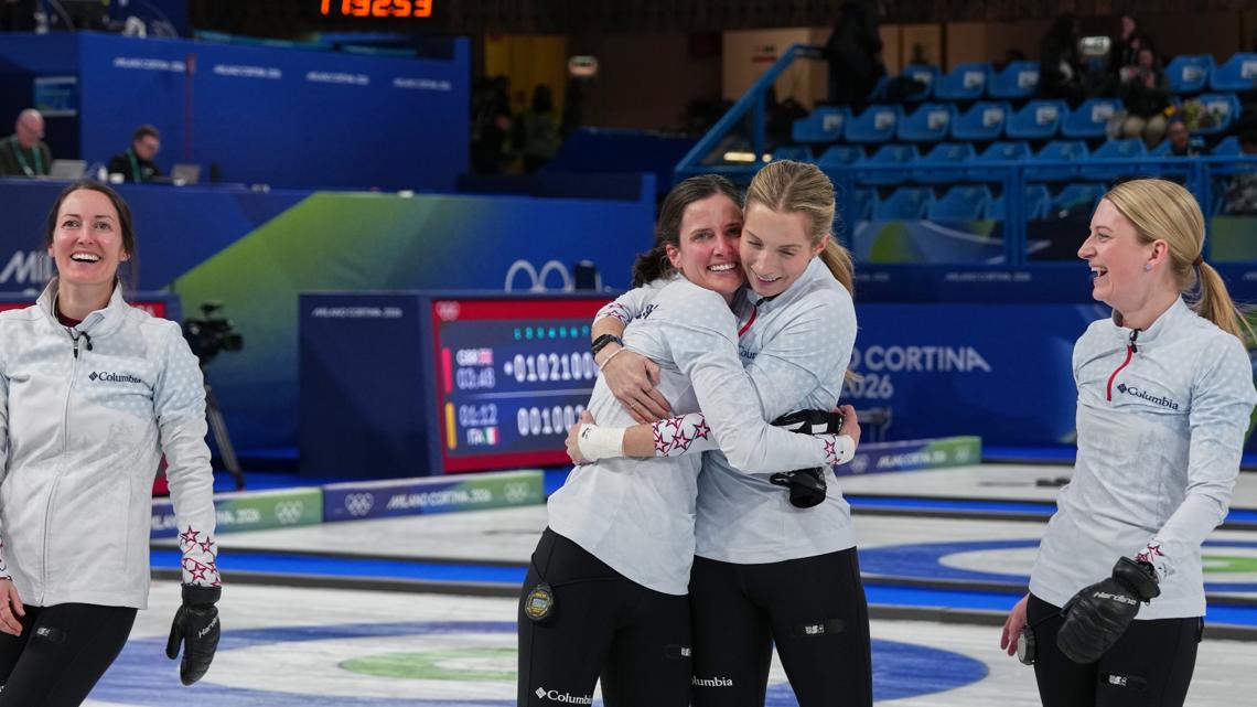 Cory Thiesse, Tara Peterson, Taylor Anderson-Heide, and Tabitha Peterson react after women's curling game against Switzerland, Feb. 19, 2026.