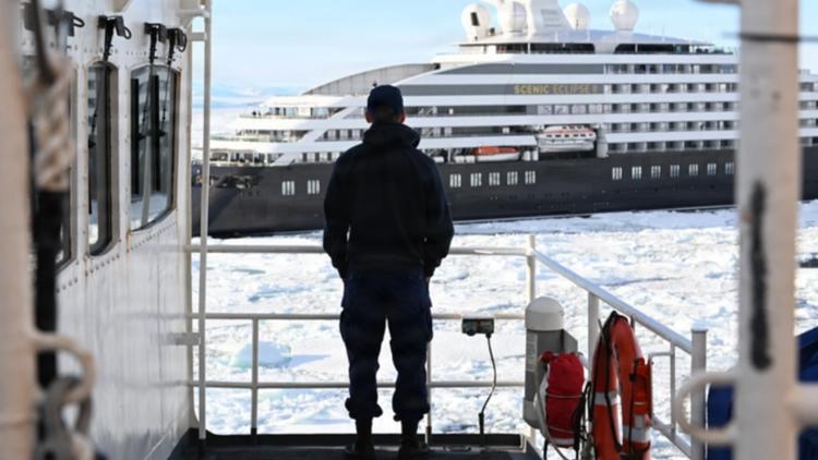 USCGC Polar Star (WAGB 10) crew members observe an Australian-owned cruise ship that requested assistance, Jan. 17, 2026