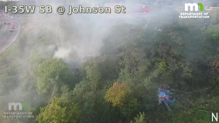 Crews battle fire near I-35 Monday night in Minneapolis