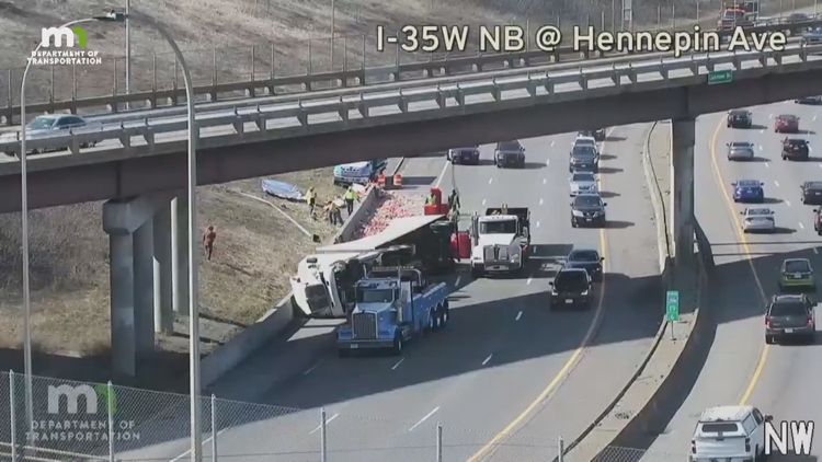 Semi carrying tortillas tips on 35W in Minneapolis