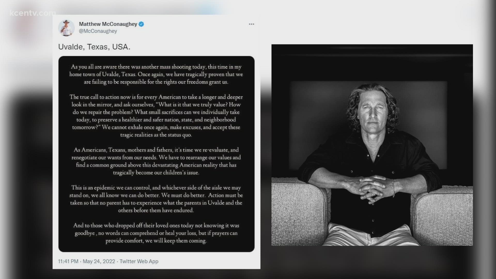 Ulvade, Texas native Matthew Mcconaughey took to twitter with a very long post about the shooting.