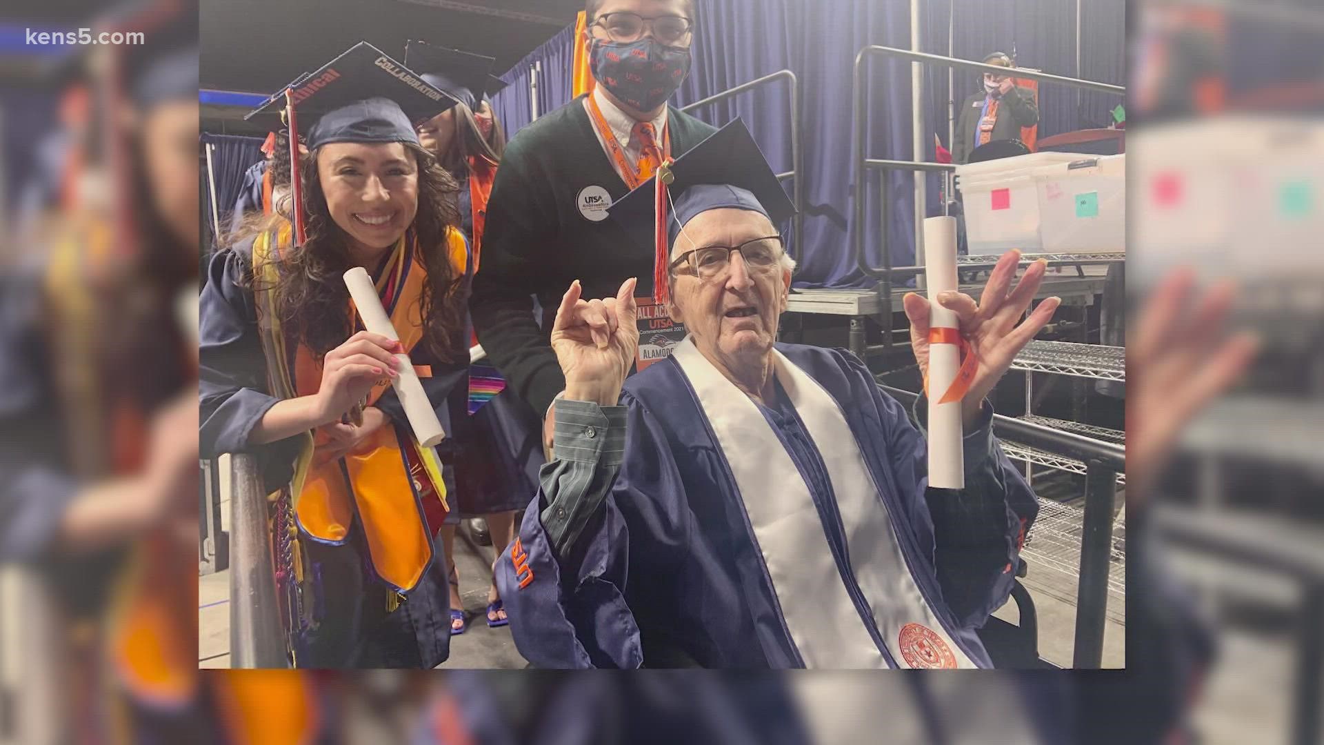 Not only did Melanie Salazar walk across the stage to receive her diploma, but she pushed her 87-year-old grandfather in a wheelchair so he could get his, too.