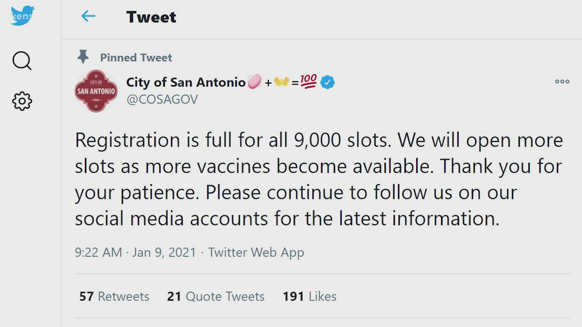 The city says there were over 11,000 people on the registration website when it opened at 9 a.m. They'll provide an update when more appointments are available.