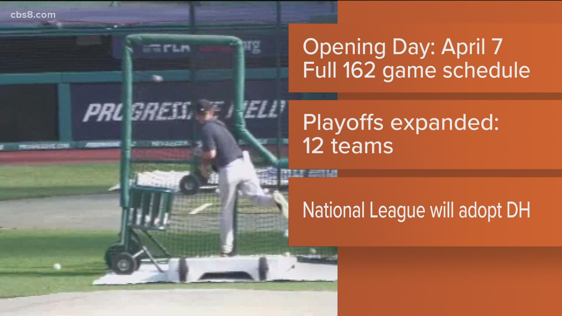 The Major League Baseball season will start April 7 and keep all 162 games. Exhibition games will begin March 17 or 18.