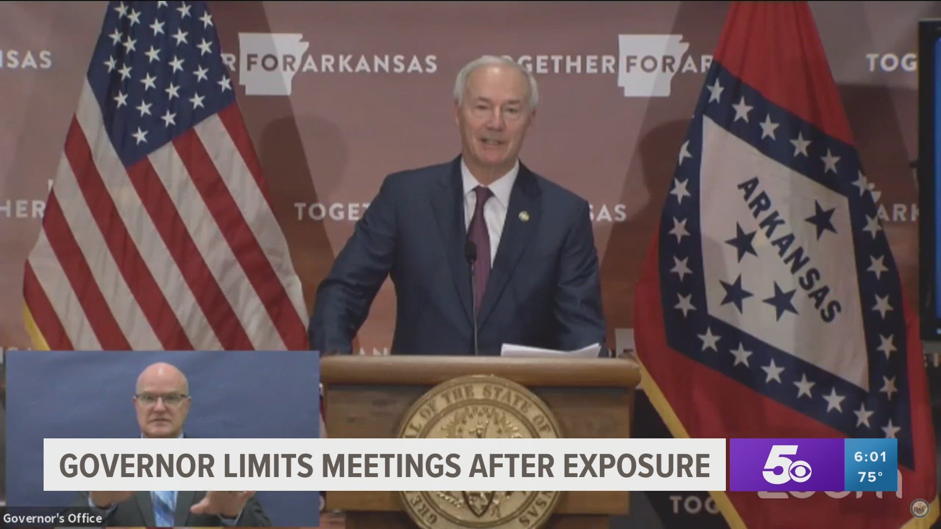 Gov. Asa Hutchinson said he is minimizing contact with others after being in a meeting with someone who tested positive for COVID-19. https://bit.ly/3ki8dO5