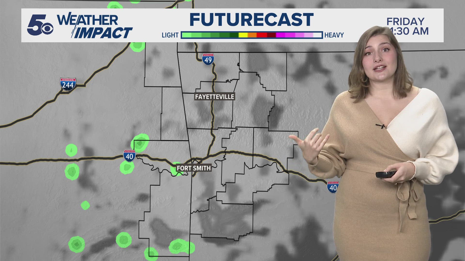 Southern winds are sending heat and moisture into Northwest Arkansas and the River Valley today, increasing rain chances. Isolated showers pop up throughout the day.