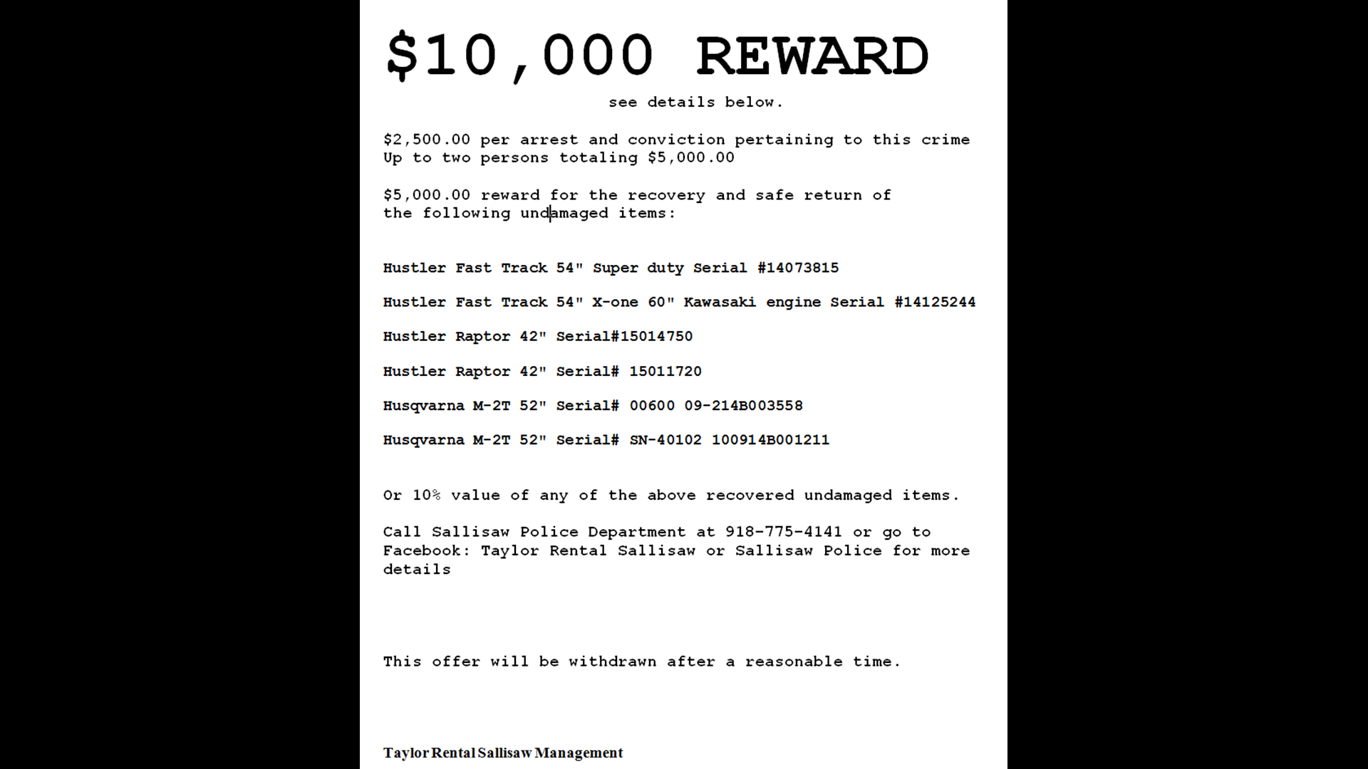 Suspects Steal Mowers From Taylor Rental Center In Sallisaw, Police Say