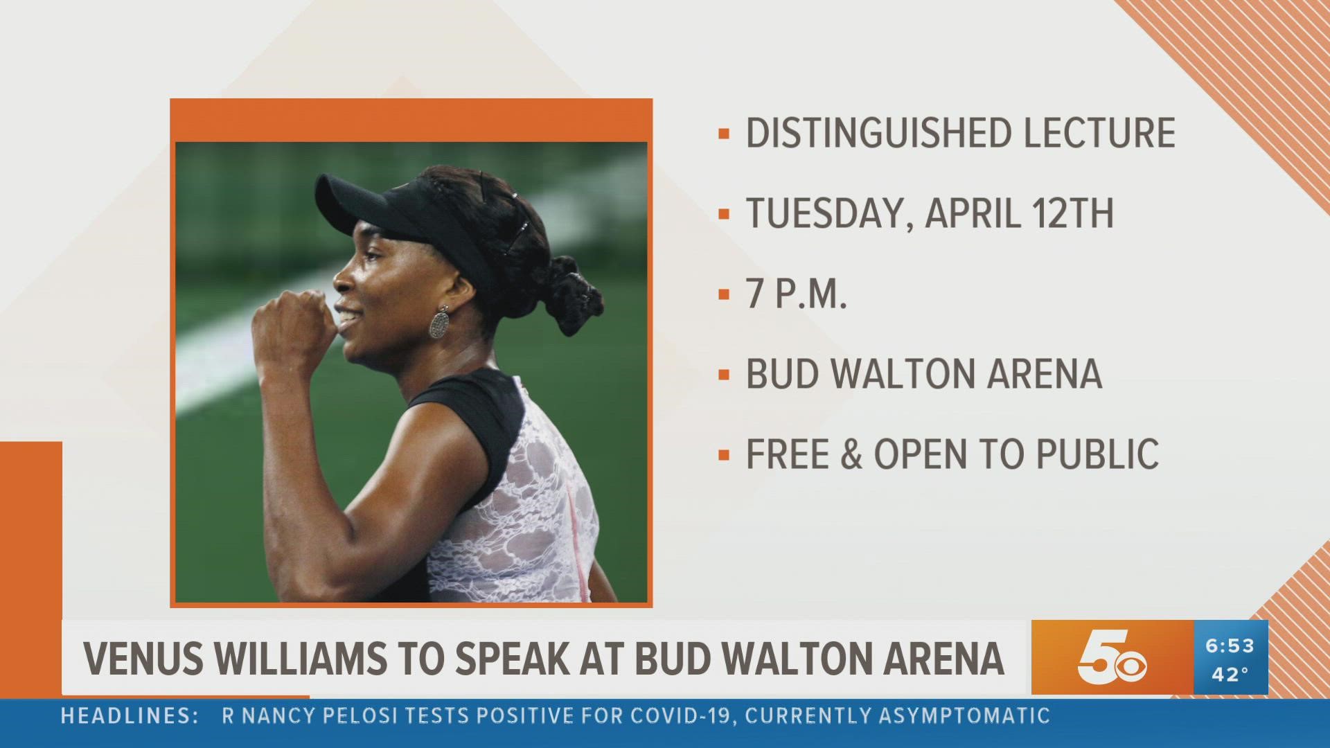 Moderated by Danyelle Musselman, Venus Williams will give a distinguished lecture at the University of Arkansas on April 12.
