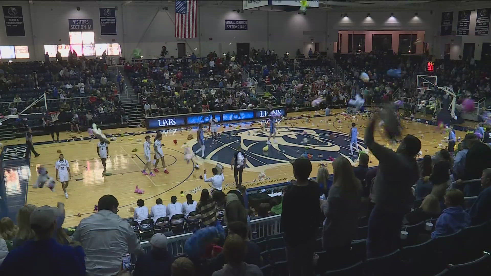 Stuffed animals thrown onto the UAFS basketball court at Tuesday's game will be donated to the Salvation Army and the Fort Smith Boys and Girls Club.