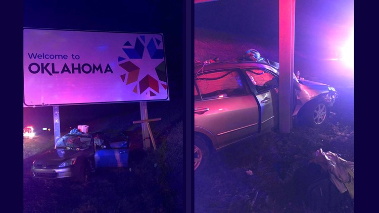 collision with welcome sign at OK border