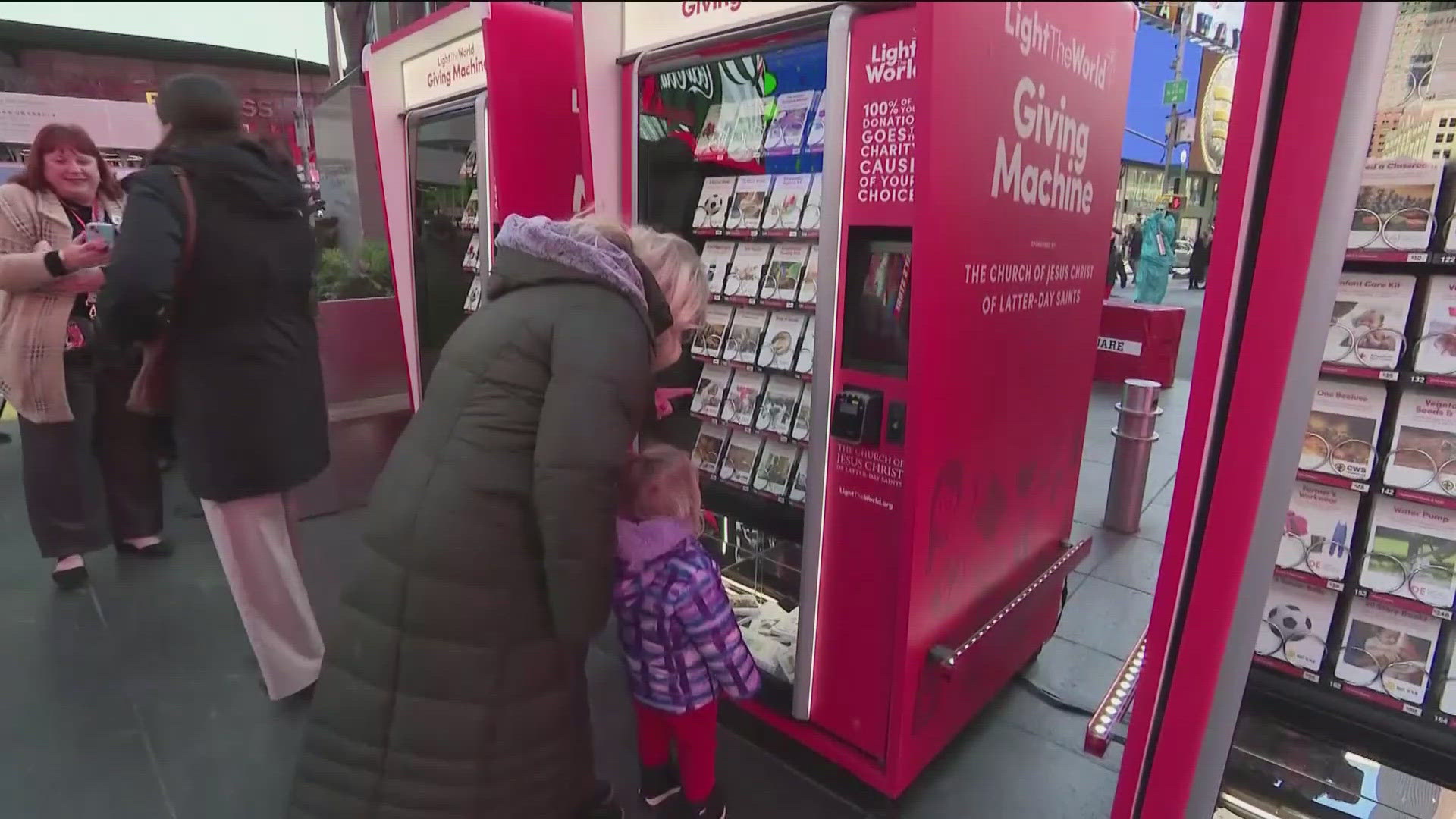 A new batch of "Giving Machines" were unwrapped in New York's Times Square yesterday.