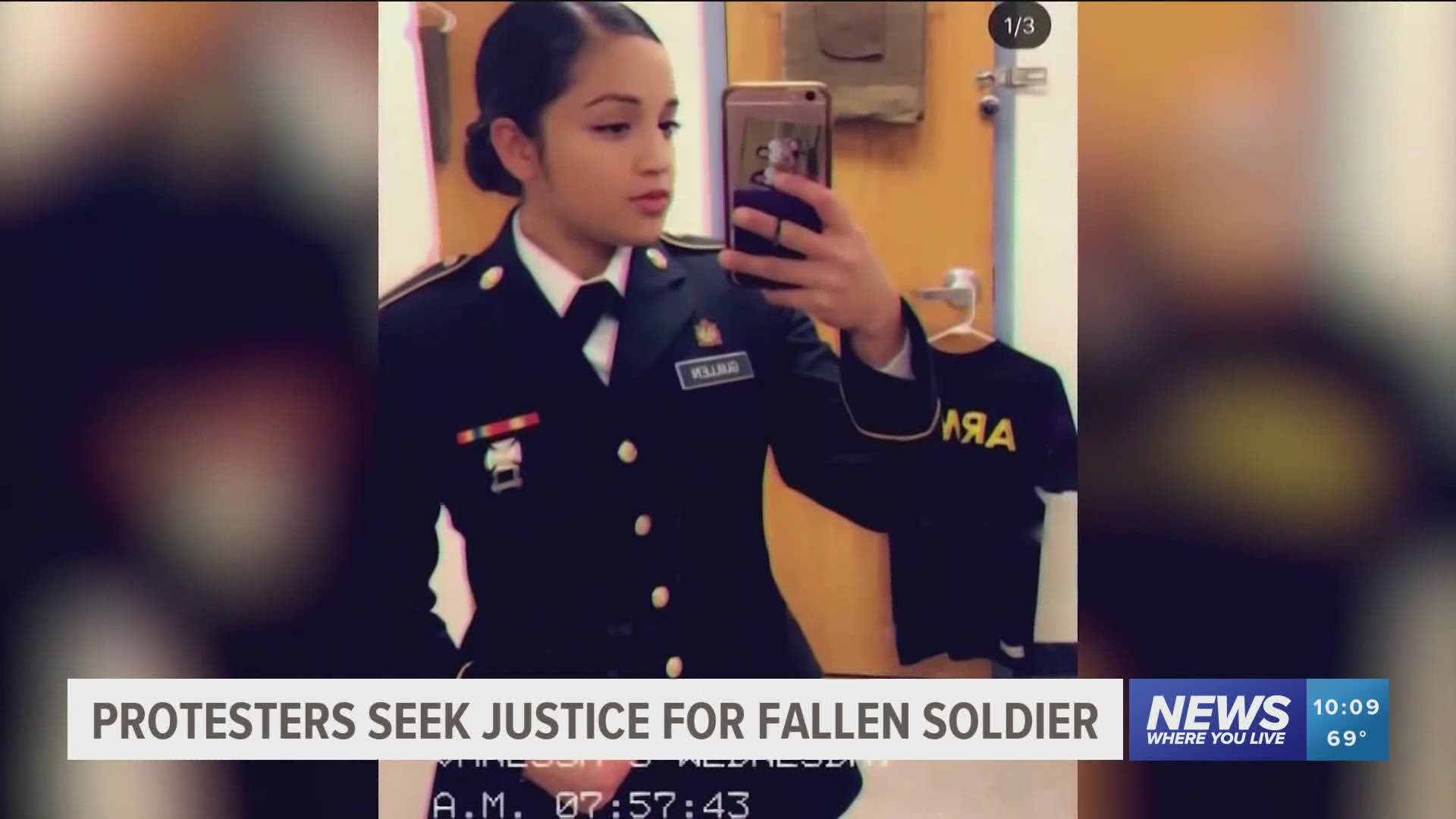 Protesters seek justice for fallen soldier.